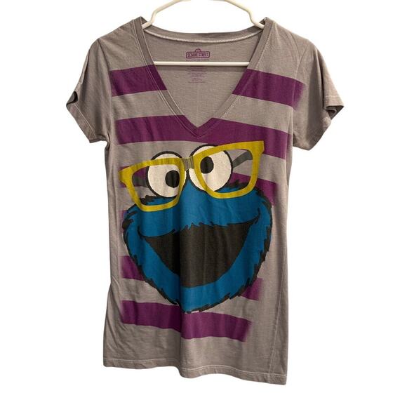 Sesame Street Cookie Monster Glasses V Neck Tee Shirt Size Medium - Picture 1 of 4